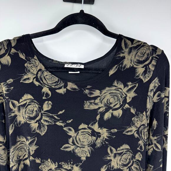 VTG Y2K Es Se Dark Floral Top Shirt L Black Slinky Knit Long Sleeve Witchy Vamp - Picture 2 of 8